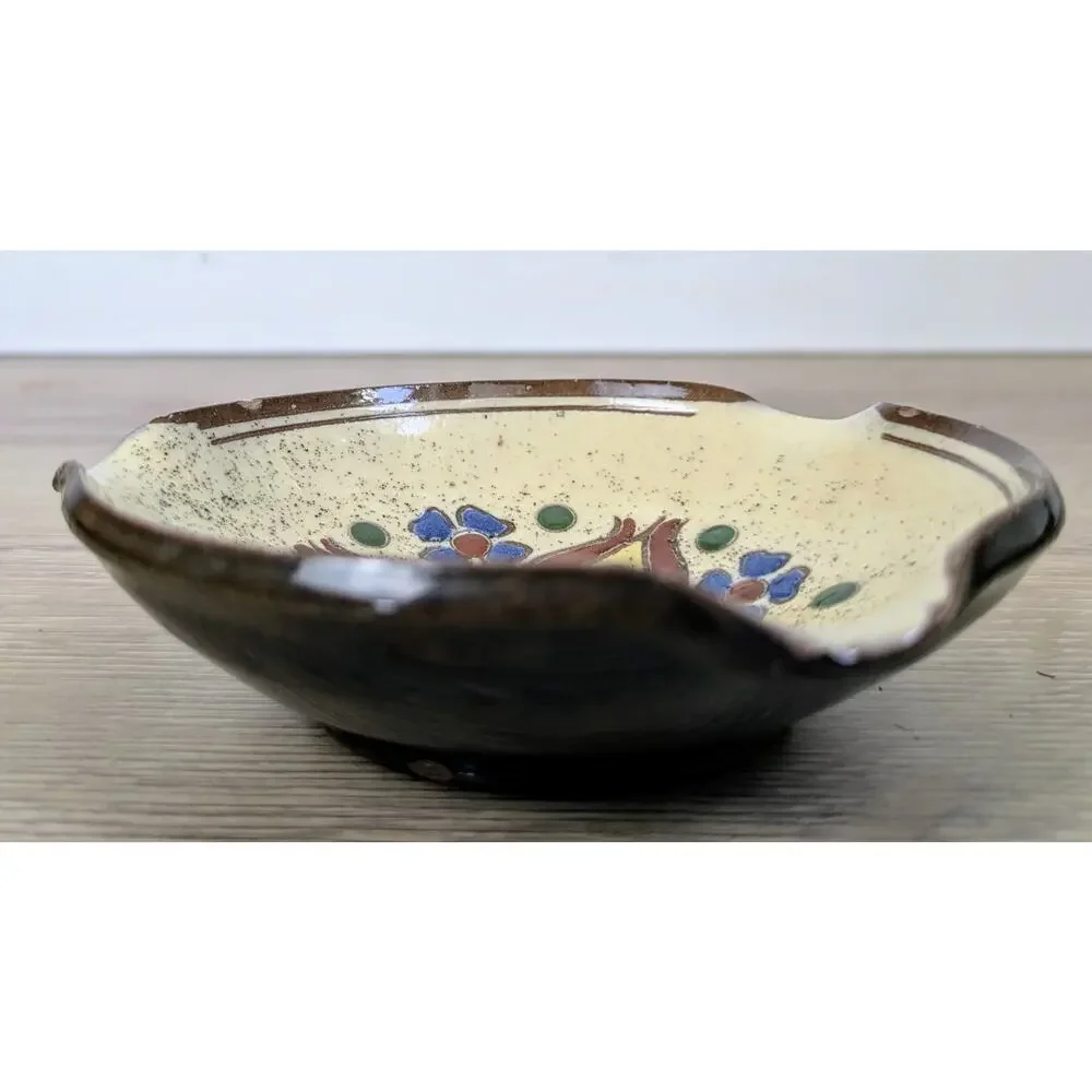 Original Wolfgang Geisler Yellowware Pottery Folk Art Tulip Circular Spoon Rest